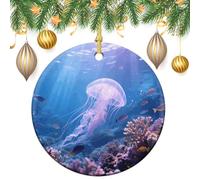 Round Ceramic Hanging Ornament - Jellyfish Swimming Christmas Winter Holiday Decor, Double Sided Porcelain Xmas Tree Decor for Fireplace Mantel, Winter (2.8 Inch)