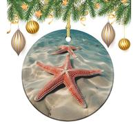 Round Ceramic Hanging Ornament - Ocean Starfish Christmas Winter Holiday Decor, Double Sided Porcelain Xmas Tree Decor for Fireplace Mantel, Winter (2.8 Inch)