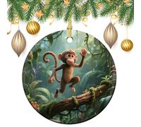 Round Ceramic Hanging Ornament - Running Monkey Christmas Winter Holiday Decor, Double Sided Porcelain Xmas Tree Decor for Fireplace Mantel, Winter (2.8 Inch)