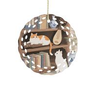 Round Ceramic Ornament 3.2 Inch, Elegant Cut-Out Design, Cat on The Shelf Christmas Decorations 2025 Decorative Hanging Ornaments for Xmas Trees Holiday Party Decor