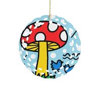 Round Ceramic Ornament 3.2 Inch, Elegant Cut-Out Design, Doodle Mushrooms Christmas Decorations 2025 Decorative Hanging Ornaments for Xmas Trees Holiday Party Decor