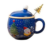 Round Christmas Coffee Mug With Lid and Stir Stick - Ceramic Tea Cup, Festival Cute Xmas Mug for Hot Cocoa, Winter Novelty Gift for Thanksgiving and Christmas (Blue)