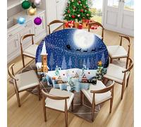 Round Christmas Tablecloth- Xmas Circular Table Cloth Winter Snowman Tree Santa Sleigh Moon Present Snow Stars Holiday Blue Tablecloths for Family Gatherings Christmas Dinner Parties Decor 70 Inch