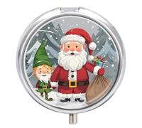 Round Christmas Traditional Gnome Pill Box Small Pill Case with 3 Compartment Portable Metal Medicine Organizer Mini Travel Medicine Vitamin Supplement Container for Pocket Purse