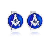 Round Circle Disc Freemasons Compass Symbol Masonic Cufflinks For Men Royal Blue Enamel Two Tone .925 Sterling Silver Hinge Bullet Back