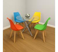 Round Clear Glass Dining Table with Chrome Metal Legs and 4 Mixed Colour Leather Plastic Chairs, Modern Dining Set