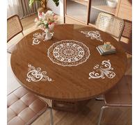 Round Clear Table Protector with Floral Pattern,50-155cm Waterproof Oil-Proof Plastic Tablecloth PVC Vinyl Round Desk Pad for Dining Room Tables (Khaki,75cm)