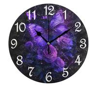 Round Clock,Purple Butterfly Roses Flowers,Quartz Digital Wall Clocks Modern Decor Clocks for Office Classroom 25cm