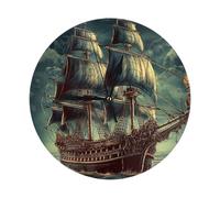 Round Clocks Nautical Vintage Sailing Pirate Ship Roman Numeral Wall Clock Decorative Unique Quartz Clocks, For Kitchen, School, Hotel, 25cm