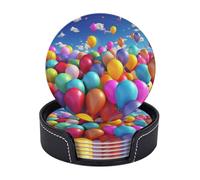 Round Coaster for Drinks Set of 6, PU Leather Coasters with Holder, 4" Drink Coasters for Coffee Table, Colorful Balloons Cup Coaster for Tabletop Protection Drinking Cup Mat