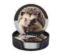 Round Coasters 3.9 in. Set of 6 Leather Beverage Coasters for Home and Kitchen Decor Cute Hedgehog Patterns