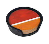 Round Coasters, Burnt Orange Yellow Ochre,Mugs Pad Cups Mat Set of 6 Leather Drinks Coasters with Holder