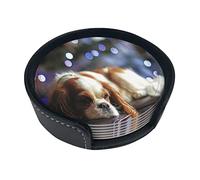 Round Coasters, Cavalier King Charles Spaniel Small Spaniel,Mugs Pad Cups Mat Set of 6 Leather Drinks Coasters with Holder