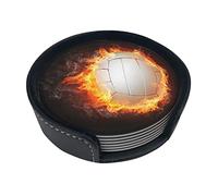 Round Coasters, Cool Fire Flame Volleyball Ball,Mugs Pad Cups Mat Set of 6 Leather Drinks Coasters with Holder