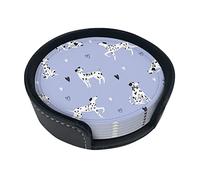 Round Coasters, Dalmatian Dog Pattern,Mugs Pad Cups Mat Set of 6 Leather Drinks Coasters with Holder