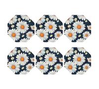 Round Coasters for Drinks Set of 6, PU Leather Coaster for Hot or Cold Drinks, 4" Drink Coasters for Coffee Table, Daisy Pattern Cup Mat for Tabletop Protection Drinking Cup Pad