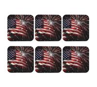 Round Coasters for Drinks Set of 6, PU Leather Coaster for Hot or Cold Drinks, 4" Drink Coasters for Coffee Table, American Flag Firework Cup Mat for Tabletop Protection Drinking Cup Pad