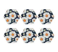 Round Coasters for Drinks Set of 6, PU Leather Coaster for Hot or Cold Drinks, 4" Drink Coasters for Coffee Table, Daisy Pattern Cup Mat for Tabletop Protection Drinking Cup Pad