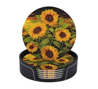 Round Coasters for Drinks Set of 6, PU Leather Coasters with Holder, 4" Drink Coasters for Coffee Table, Sun Flower Cup Coaster for Tabletop Protection Drinking Cup Mat