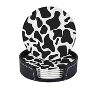 Round Coasters for Drinks Set of 6 - PU Leather Coasters with Holder - Modern Drink Coasters for Coffee Table - Cow spot Coaster for Tabletop Protection 4" Cup Mat Pad