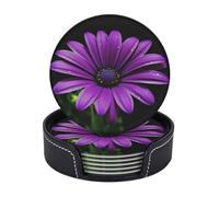 Round Coasters for Drinks Set of 6 - PU Leather Coasters with Holder - Modern Drink Coasters for Coffee Table - Purple Daisy Coaster for Tabletop Protection 4" Cup Mat Pad