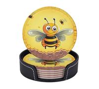 Round Coasters for Drinks Set of 6 - PU Leather Coasters with Holder - Modern Drink Coasters for Coffee Table - Bee on The Square Coaster for Tabletop Protection 4" Cup Mat Pad