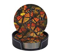 Round Coasters for Drinks Set of 6 - PU Leather Coasters with Holder - Modern Drink Coasters for Coffee Table - Monarch Butterflies Coaster for Tabletop Protection 4" Cup Mat Pad