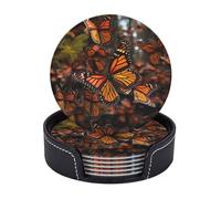 Round Coasters for Drinks Set of 6 - PU Leather Coasters with Holder - Modern Drink Coasters for Coffee Table - Monarch Butterflies Coaster for Tabletop Protection 4" Cup Mat Pad