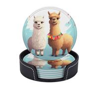 Round Coasters for Drinks Set of 6 - PU Leather Coasters with Holder - Modern Drink Coasters for Coffee Table - Llama Alpaca Coaster for Tabletop Protection 4" Cup Mat Pad