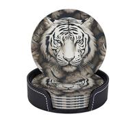 Round Coasters for Drinks Set of 6 - PU Leather Coasters with Holder - Modern Drink Coasters for Coffee Table - White Tiger Head Pattern Coaster for Tabletop Protection 4" Cup Mat Pad