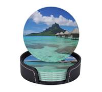 Round Coasters for Drinks Set of 6 - PU Leather Coasters with Holder - Modern Drink Coasters for Coffee Table - Tahiti Beach Coaster for Tabletop Protection 4" Cup Mat Pad