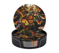 Round Coasters for Drinks Set of 6 - PU Leather Coasters with Holder - Modern Drink Coasters for Coffee Table - Heaps of Orange Monarch Butterflies Coaster for Tabletop Protection 4" Cup Mat Pad