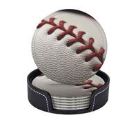 Round Coasters for Drinks Set of 6 - PU Leather Coasters with Holder - Modern Drink Coasters for Coffee Table - Baseball Lace Close Up Coaster for Tabletop Protection 4" Cup Mat Pad
