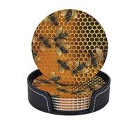 Round Coasters for Drinks Set of 6 - PU Leather Coasters with Holder - Modern Drink Coasters for Coffee Table - Bees on hive Coaster for Tabletop Protection 4" Cup Mat Pad