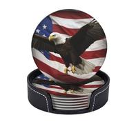Round Coasters for Drinks Set of 6 - PU Leather Coasters with Holder - Modern Drink Coasters for Coffee Table - American Flag Fly Eagle Coaster for Tabletop Protection 4" Cup Mat Pad