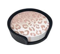 Round Coasters, Glitter Rose Gold Leopard Print,Mugs Pad Cups Mat Set of 6 Leather Drinks Coasters with Holder