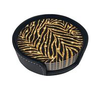 Round Coasters, Gold Zebra Animal Print,Mugs Pad Cups Mat Set of 6 Leather Drinks Coasters with Holder