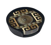 Round Coasters, Golden Modern Geometric Greek,Mugs Pad Cups Mat Set of 6 Leather Drinks Coasters with Holder
