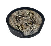 Round Coasters, Greek Key Meander Ornamental Pattern,Mugs Pad Cups Mat Set of 6 Leather Drinks Coasters with Holder
