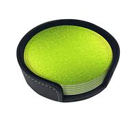 Round Coasters, Lime Green Modern Abstract Background,Mugs Pad Cups Mat Set of 6 Leather Drinks Coasters with Holder