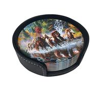 Round Coasters, Native American Indians Horses,Mugs Pad Cups Mat Set of 6 Leather Drinks Coasters with Holder