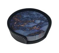 Round Coasters, Navy Blue & Faux Copper Marble Pattern,Mugs Pad Cups Mat Set of 6 Leather Drinks Coasters with Holder
