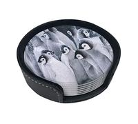Round Coasters, Penguin In The Snow,Mugs Pad Cups Mat Set of 6 Leather Drinks Coasters with Holder