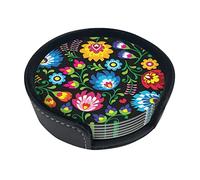 Round Coasters, Polish Folk Art Floral Vintage,Mugs Pad Cups Mat Set of 6 Leather Drinks Coasters with Holder