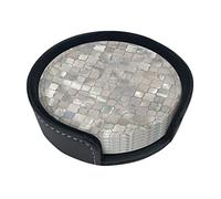 Round Coasters, Quatrefoil Moroccan Mother Of Pearl,Mugs Pad Cups Mat Set of 6 Leather Drinks Coasters with Holder
