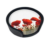 Round Coasters, Red Poppies,Mugs Pad Cups Mat Set of 6 Leather Drinks Coasters with Holder