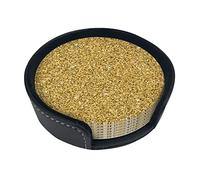 Round Coasters, Seamless Gold Glitter Shimmer,Mugs Pad Cups Mat Set of 6 Leather Drinks Coasters with Holder