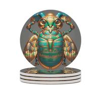 Round Coasters Set of 4 Egyptian Scarabs Printed Ceramic Coasters with Cork Base Drink Coasters for Tabletop Protection Coffee Table Decor Ideal for Home Decor House