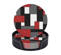 Round Coasters Set of 6,Abstract Red Black Check Pattern,Portable PU Leather Waterproof Funny Coaster for Drinks with Holder,Home Decor 4Inch Non-Slip Coasters