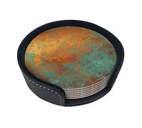 Round Coasters, Trendy Rich Copper Patina Metallic,Mugs Pad Cups Mat Set of 6 Leather Drinks Coasters with Holder